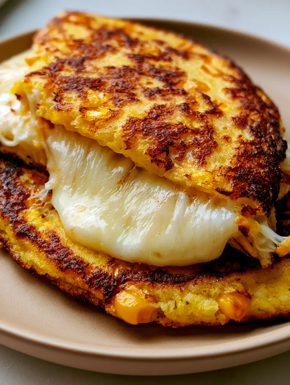 Venezuelan Sweet Corn Cachapas with Oozing Melted Cheese 4 Thick golden-brown Venezuelan Sweet Corn Cachapas showing charred corn kernels and a rustic texture. (Venezuelan Sweet Corn Cachapas)