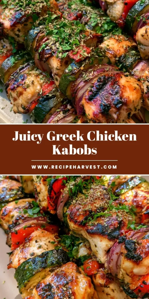 A stack of Greek Marinated Chicken Kabobs on a neutral plate featuring seared chicken, charred red onion, and blistered red peppers. (Greek Marinated Chicken Kabobs)
