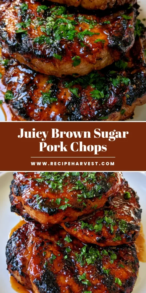 A high-angle photo of three thick-cut Grilled Brown Sugar Pork Chops stacked on a white plate with charred grill marks and a glossy amber glaze.