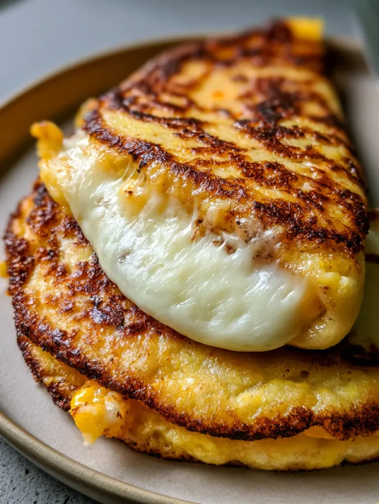 Venezuelan Sweet Corn Cachapas with Oozing Melted Cheese 1 Melted mozzarella oozing out of a folded sweet corn pancake. (Venezuelan Sweet Corn Cachapas)
