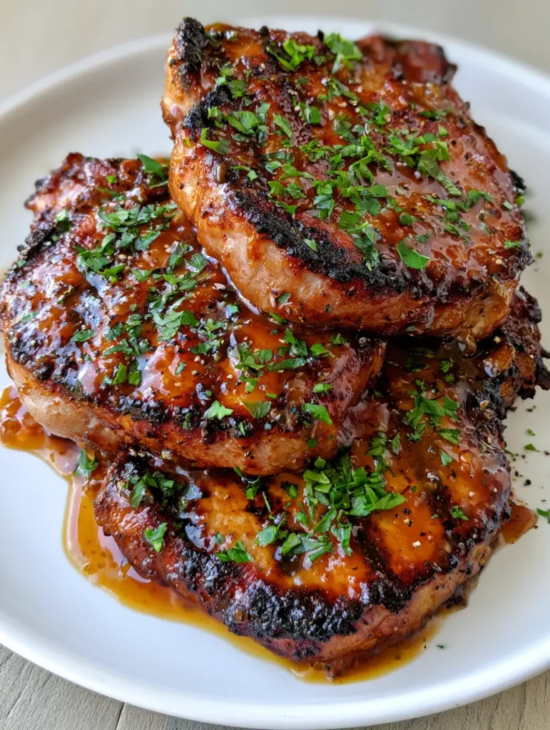 Close up of succulent Grilled Brown Sugar Pork Chops showing the deep brown charred grill marks and fresh parsley garnish.
