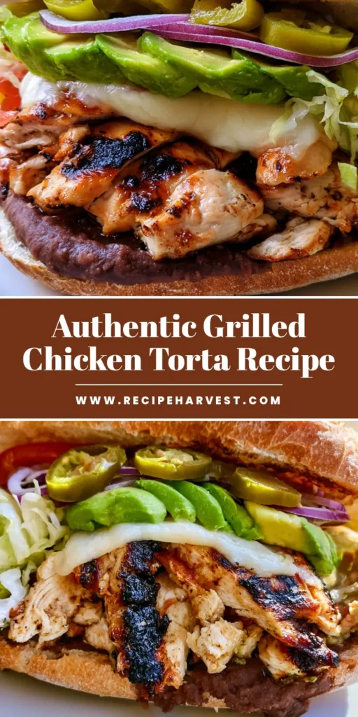 Chicken Torta Sandwich: The Ultimate Mexican Grilled Chicken Telera 4 A Mexican Chicken Torta Sandwich sliced in half on a white plate, showing layers of grilled chicken, melted Oaxaca cheese, avocado, and refried beans.