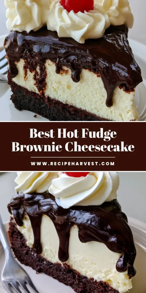A tall slice of Hot Fudge Brownie Cheesecake with a dense brownie base, creamy filling, glossy chocolate drip, and a maraschino cherry on top.