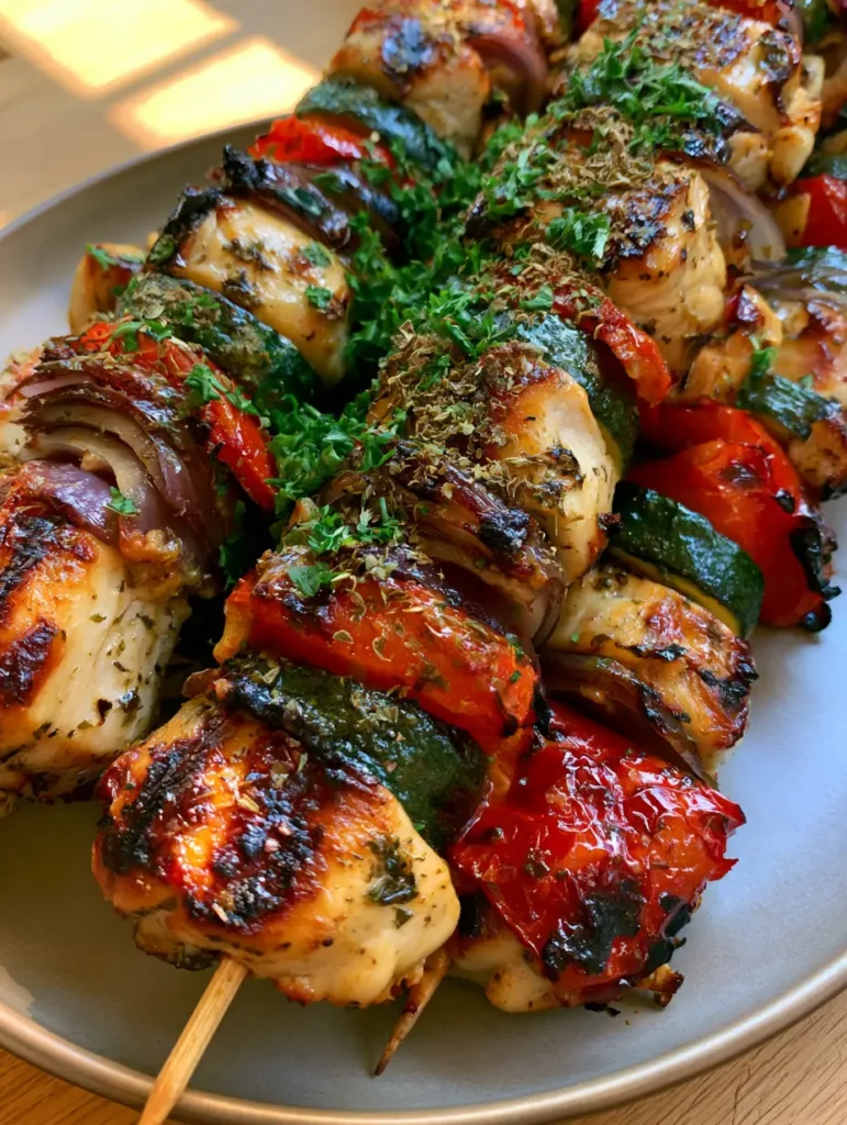 Handheld photo of Greek Marinated Chicken Kabobs showing blistered red peppers and softened zucchini rounds.