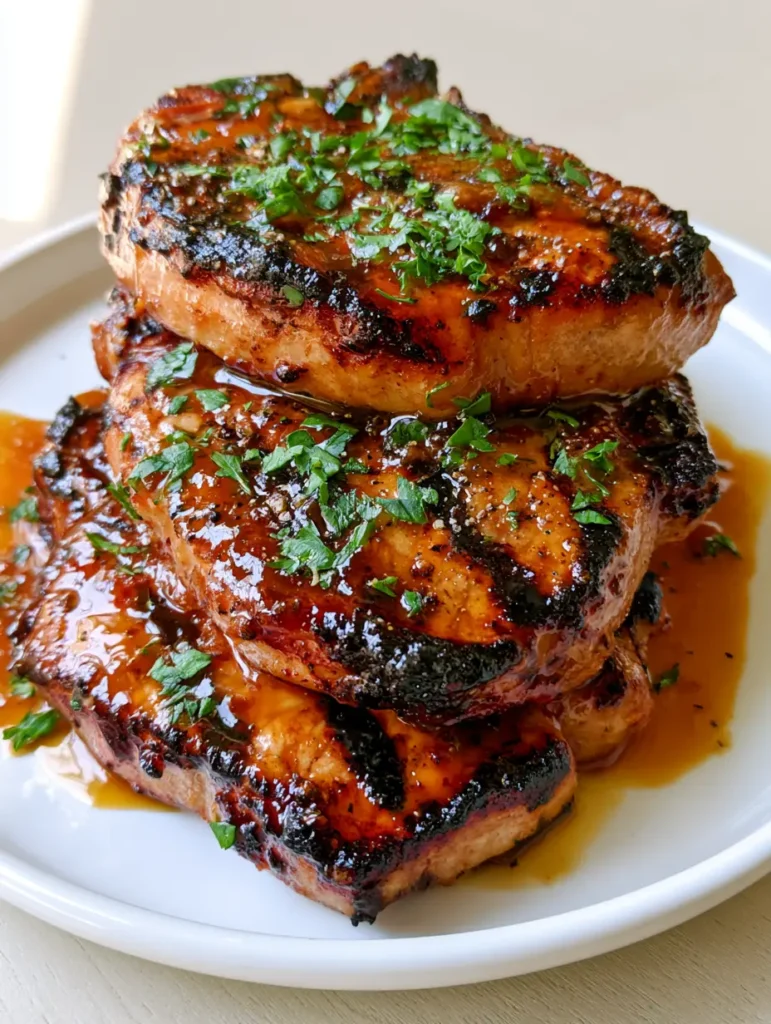 A stack of three thick-cut grilled pork chops with a thick amber caramelized brown sugar glaze pooling on a simple white ceramic plate.
