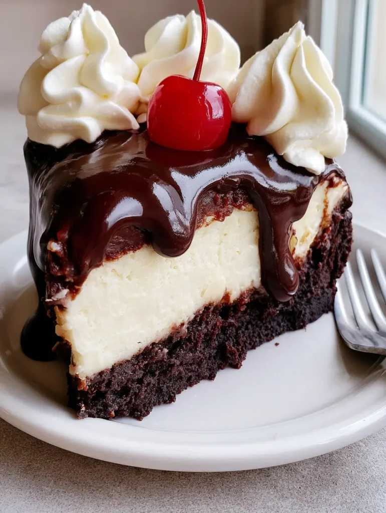 Close up shot of a Hot Fudge Brownie Cheesecake slice showing the thick brownie layer and creamy cheesecake core.