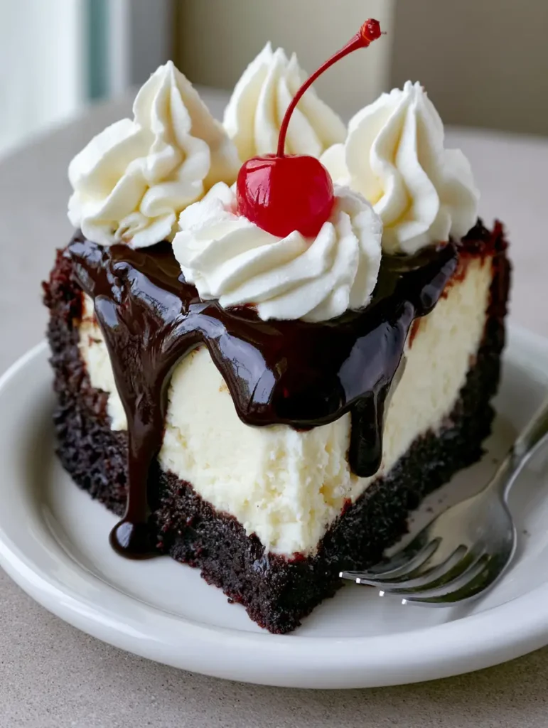 Horizontal view of Hot Fudge Brownie Cheesecake with glossy chocolate sauce dripping down the side and tall whipped cream swirls.