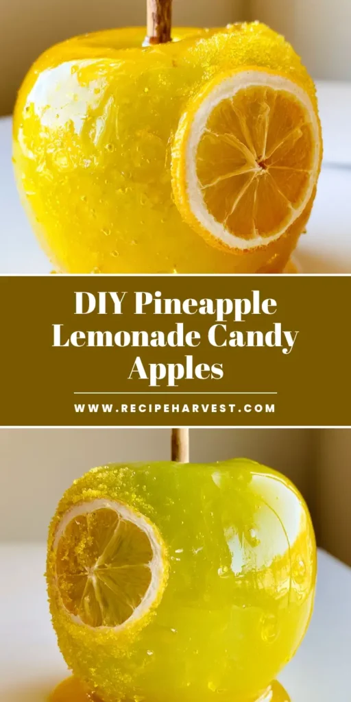 Pineapple Lemonade Candy Apples: The Ultimate Glossy Summer Treat 4 A close-up shot of a bright green Granny Smith apple skewered with a natural wood stick, coated in a thick and glossy translucent yellow hard candy shell for Pineapple Lemonade Candy Apples.
