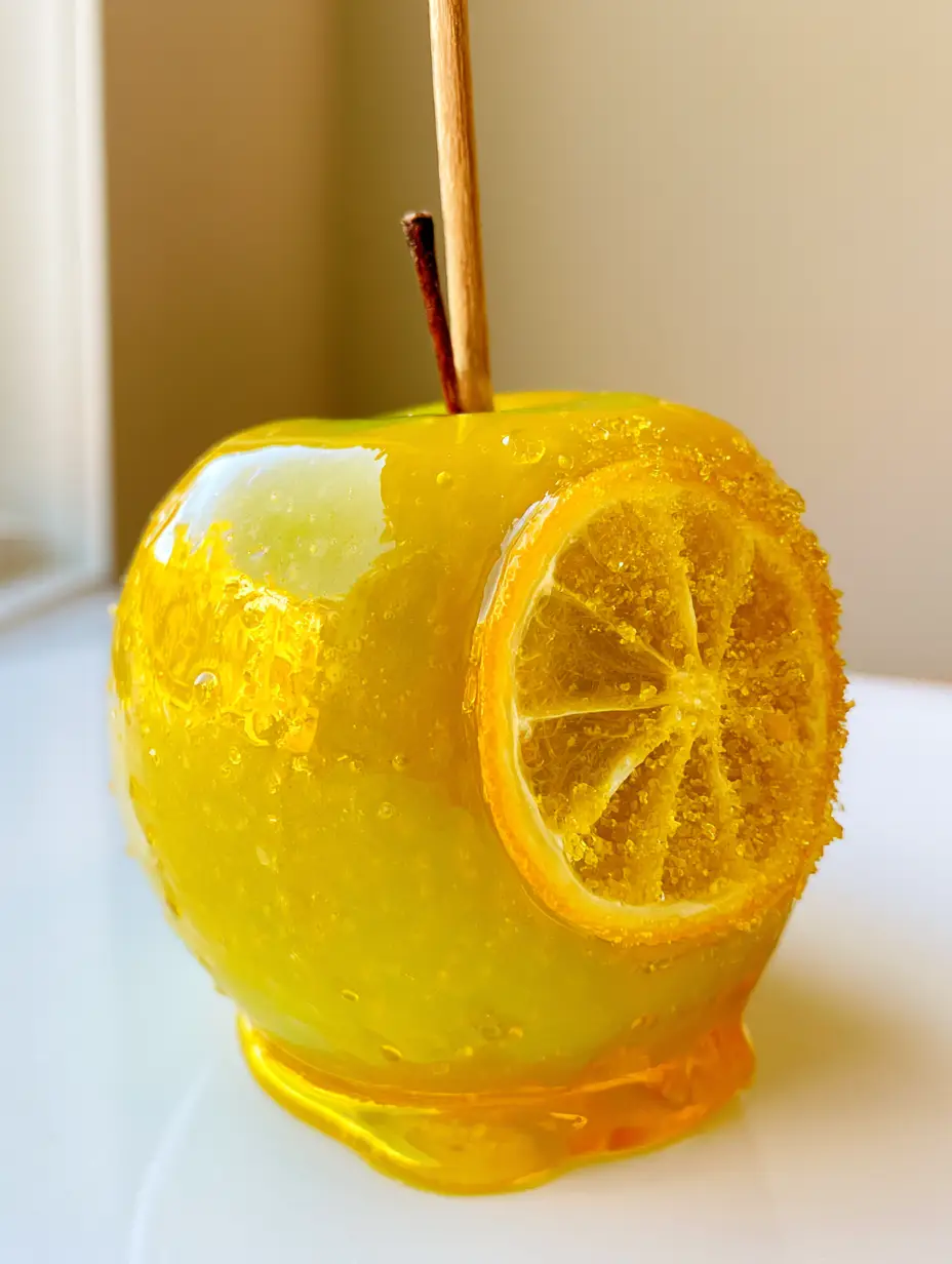 Pineapple Lemonade Candy Apples: The Ultimate Glossy Summer Treat 3 Detailed view of the yellow candy glaze and dehydrated lemon slice on Pineapple Lemonade Candy Apples.