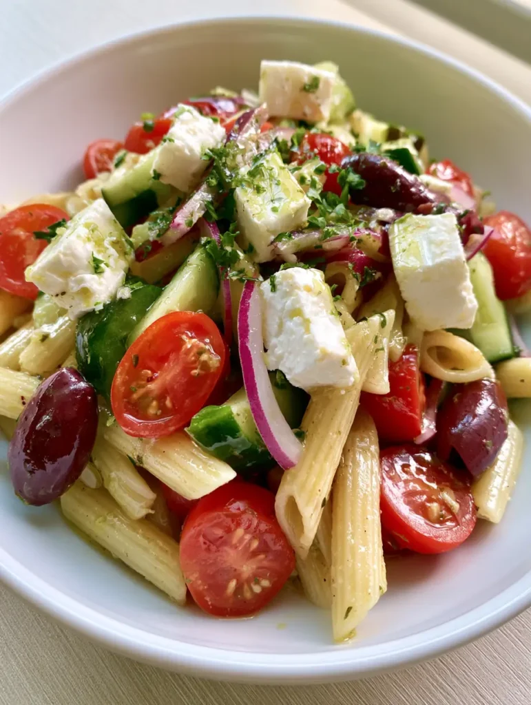 Authentic handheld smartphone photo of Mediterranean Pasta Salad with glossy herb vinaigrette and fresh parsley. (Mediterranean Pasta Salad)