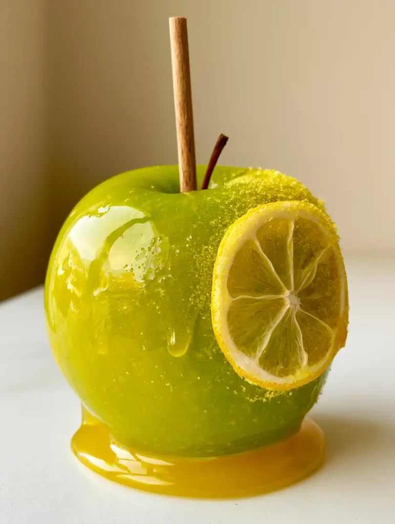 Pineapple Lemonade Candy Apples: The Ultimate Glossy Summer Treat 1 Pineapple Lemonade Candy Apples sitting on a white countertop showing the candy pool at the base.