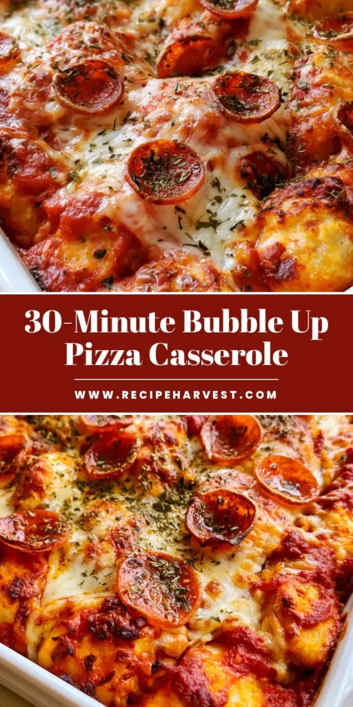 Bubble Up Pizza Casserole: The Easiest Weeknight Pepperoni Bake 3 A top-down view of Bubble Up Pizza Casserole in a white dish with golden-brown biscuit pieces, melted mozzarella, and crispy pepperoni slices garnished with herbs.