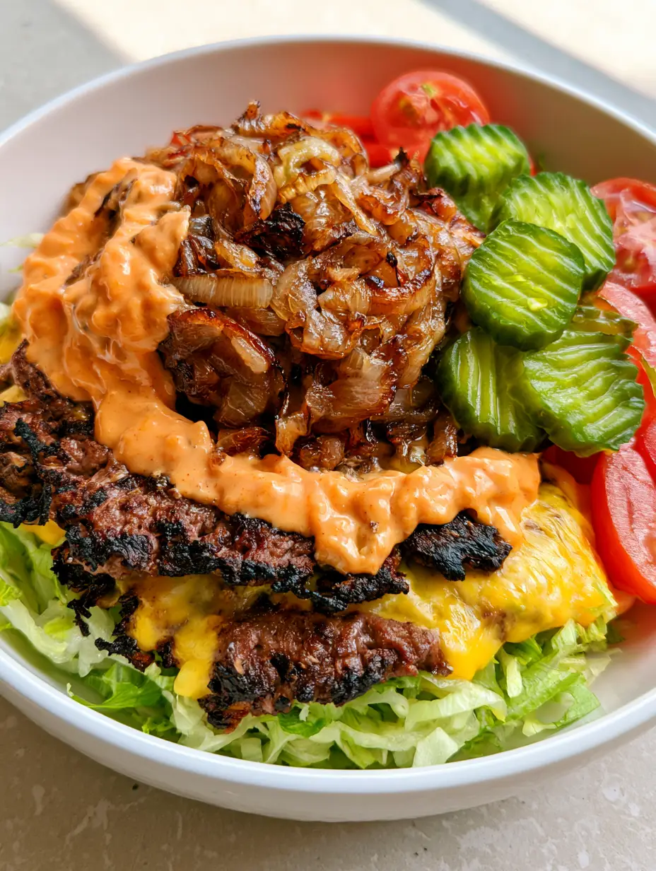 Close up shot of a Smash Burger Bowl in a white bowl showing the melted yellow cheddar cheese on charred ground beef patties and bright red cherry tomatoes.