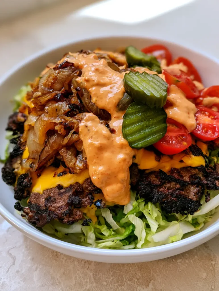 Top down view of a Smash Burger Bowl on a light stone surface with green crinkle-cut pickles and a thick drizzle of orange burger sauce.