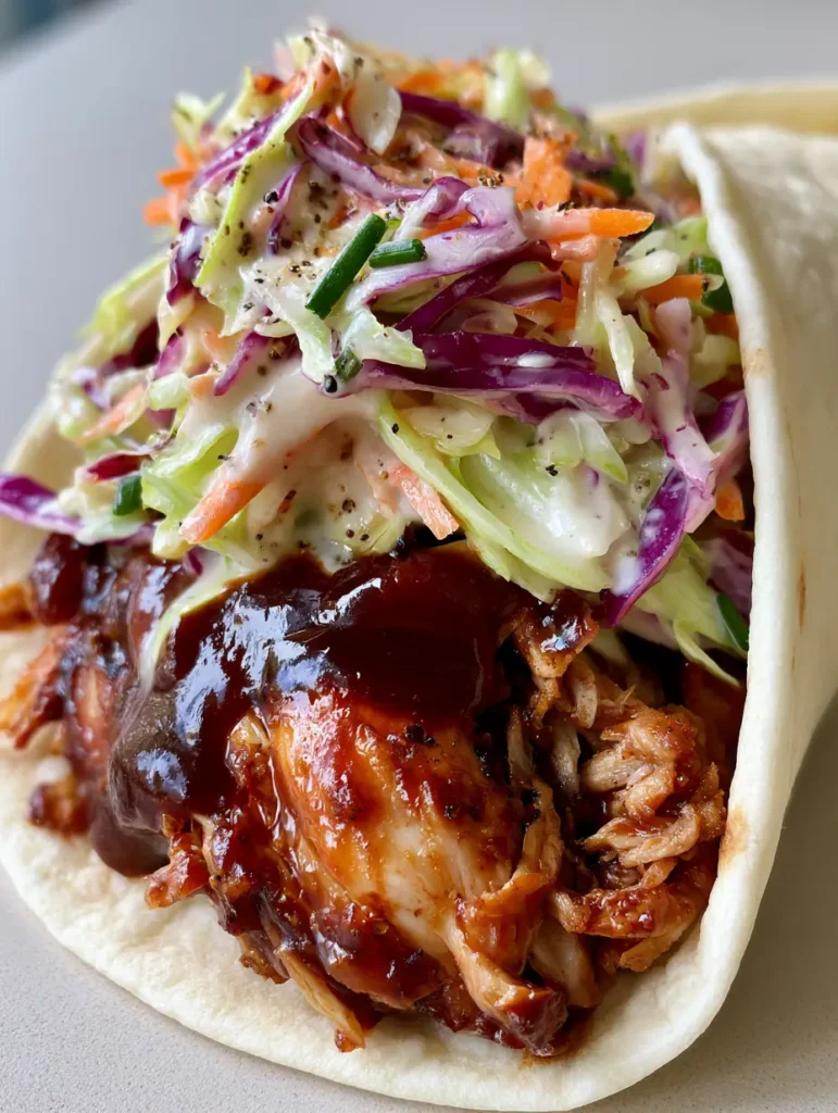 BBQ Chicken Coleslaw Wraps: The Ultimate 15-Minute Recipe 1 A top-down view of the creamy coleslaw topping with chives and cracked black pepper.