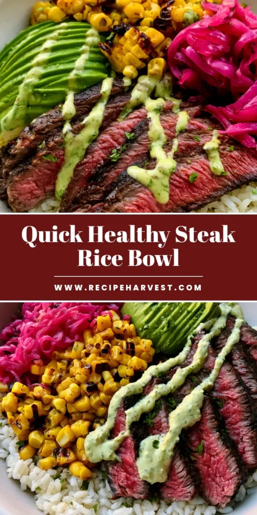 A vibrant Steak and Avocado Bowl featuring seared sirloin slices, fan of avocado, charred corn, and magenta pickled onions with cilantro cream sauce drizzle.