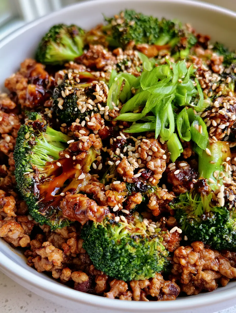 Top-down view of Ground Turkey Stir Fry showing crispy browned meat and vibrant green broccoli.