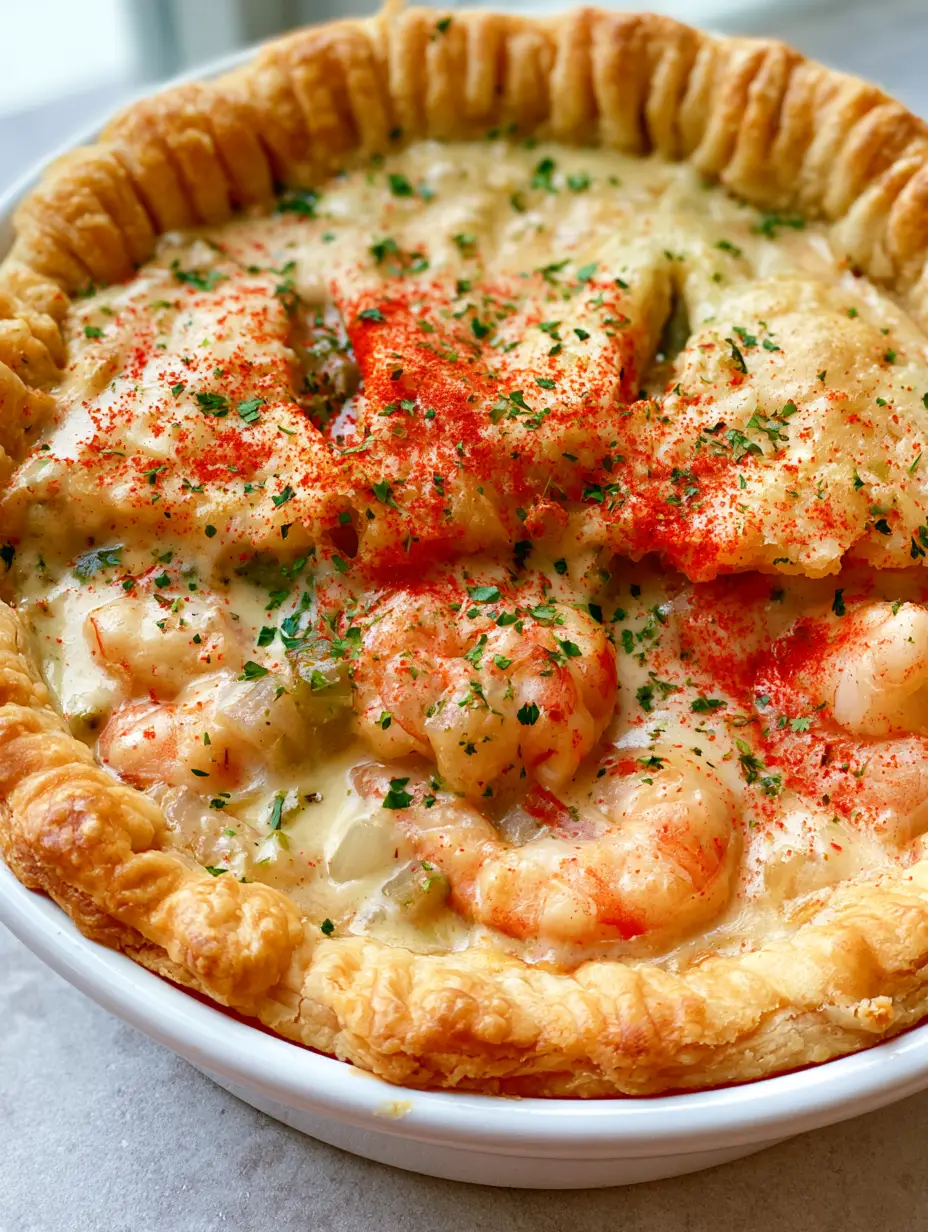 Florida Shrimp Pie: The Ultimate Creamy Gulf Coast Comfort Food 3 Overhead view of a Florida Shrimp Pie showing the thick creamy filling through vents in the golden-brown crust.