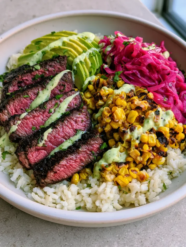 High-angle view of a Steak and Avocado Bowl in a matte white ceramic bowl with zigzag cilantro cream sauce.