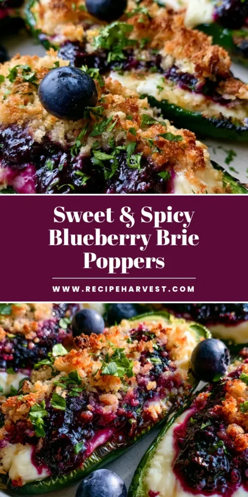 Blueberry Brie Jalapeño Poppers: The Ultimate Sweet & Spicy Appetizer 4 A close-up vertical shot of roasted Blueberry Brie Jalapeño Poppers topped with glossy jam and panko.