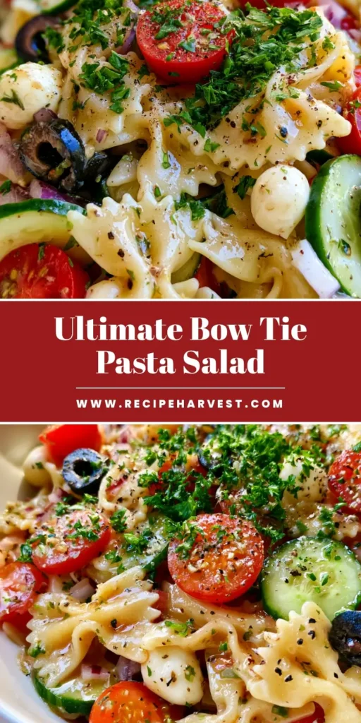 A vertical photo of Bow Tie Italian Pasta Salad in a white bowl showing glossy farfalle, mozzarella pearls, and herb-infused dressing.