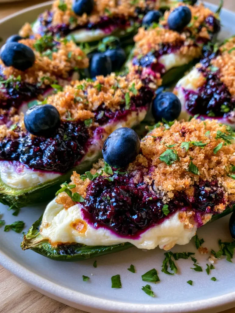 Handheld smartphone photo of a platter of roasted Blueberry Brie Jalapeño Poppers with melted white brie cheese and purple jam.