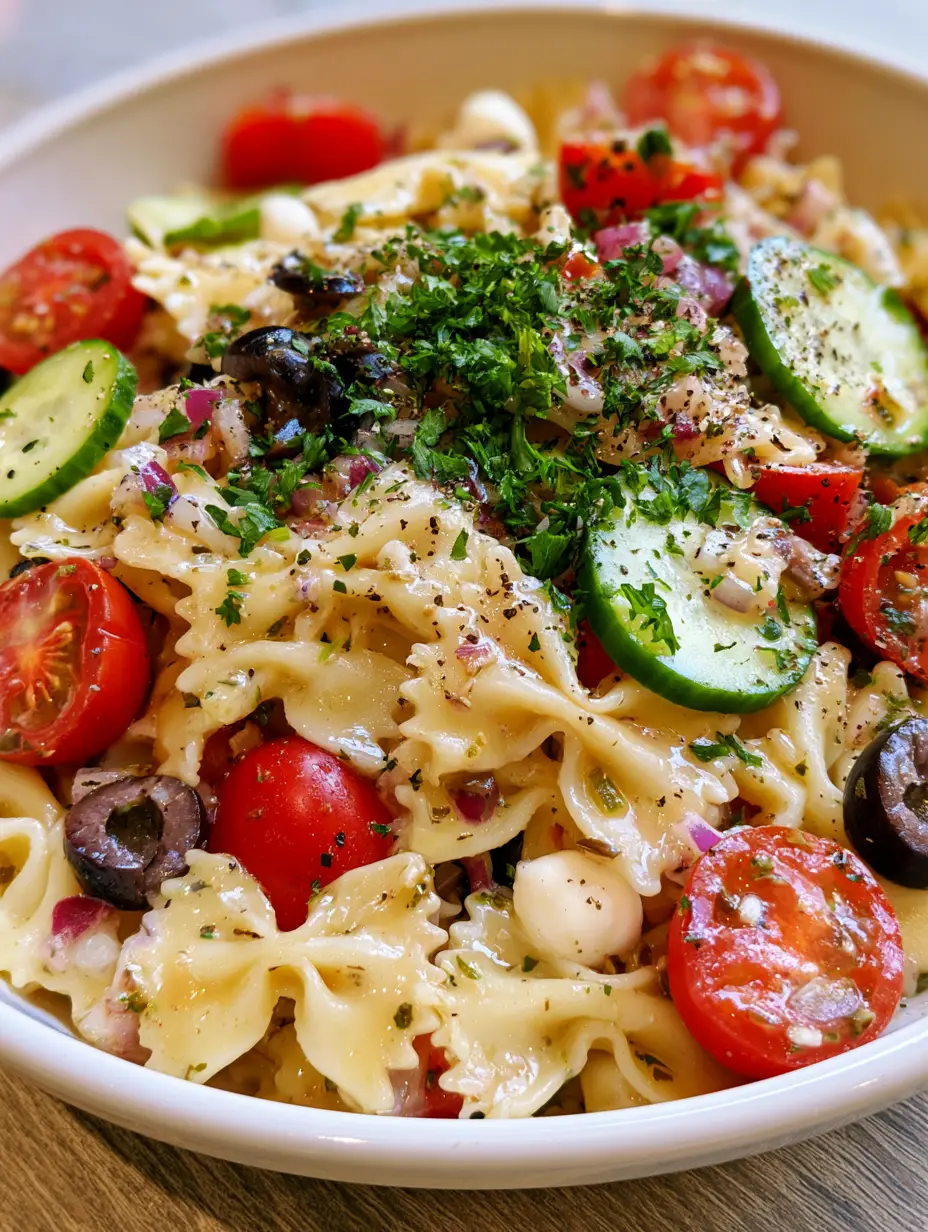 Close up handheld photo of Bow Tie Italian Pasta Salad with glossy translucent dressing, cherry tomatoes, and mozzarella pearls.
