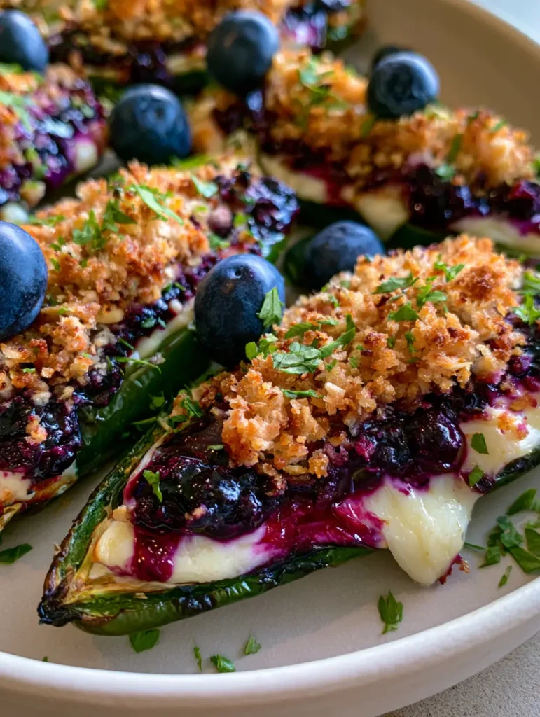 Blueberry Brie Jalapeño Poppers: The Ultimate Sweet & Spicy Appetizer 1 Close-up of toasted golden-brown panko crust and melted brie on green jalapeño halves.