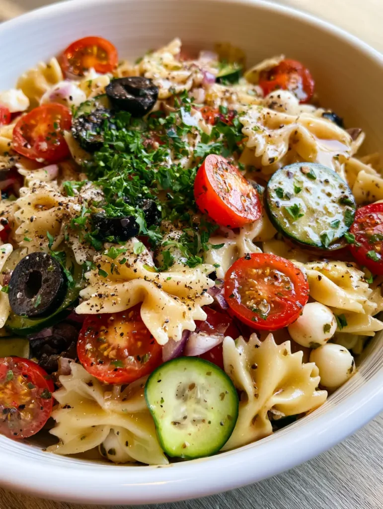 Overhead view of Bow Tie Italian Pasta Salad in a white ceramic bowl on a wooden tabletop.