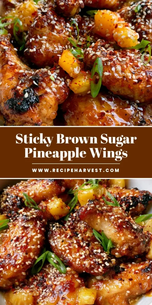 Brown Sugar Pineapple Wings: Sticky, Caramelized, and Better Than Takeout 3 A white ceramic bowl filled with Brown Sugar Pineapple Wings, showing charred caramelized edges and a glossy amber glaze with pineapple chunks.